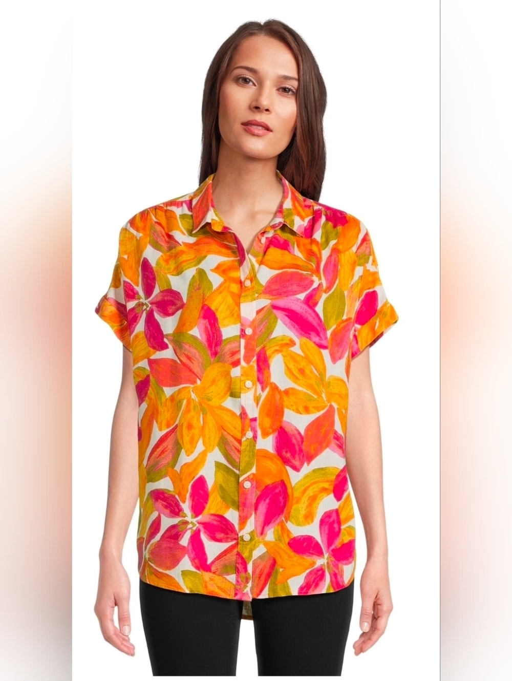 Women Tropical Print Linen Blend Buttonup Short Sleeve Shirt Beach Vacay Cruise